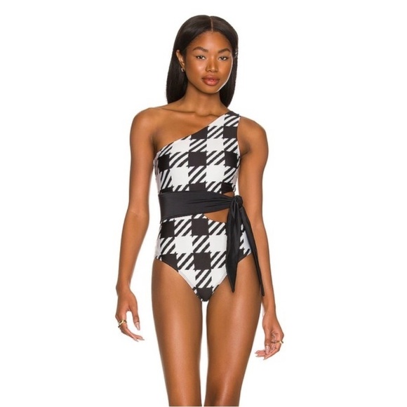 Beach Riot Free People Movement Black and White HoundstoothOne-Shoulder Swimsuit - Picture 5 of 11